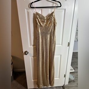 Gold sequence spaghetti strap formal bridesmaid dress